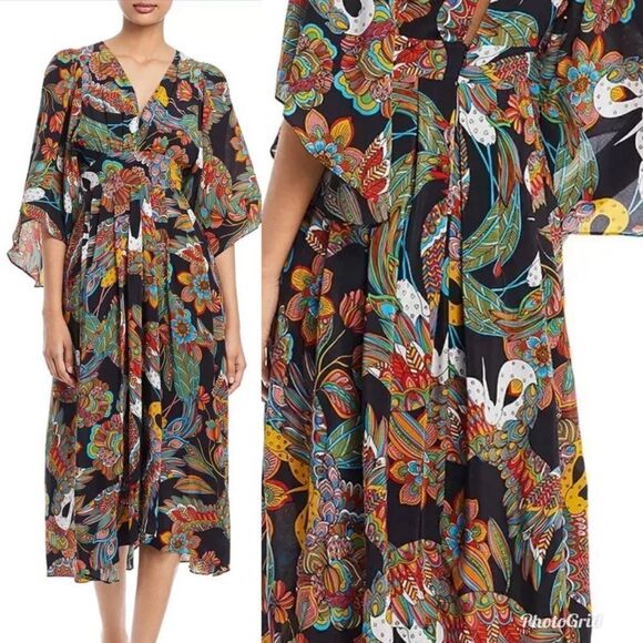 Revolve Johnny Was NWT Gardenia Floral Silk Midi Dress Size L - Picture 2 of 11